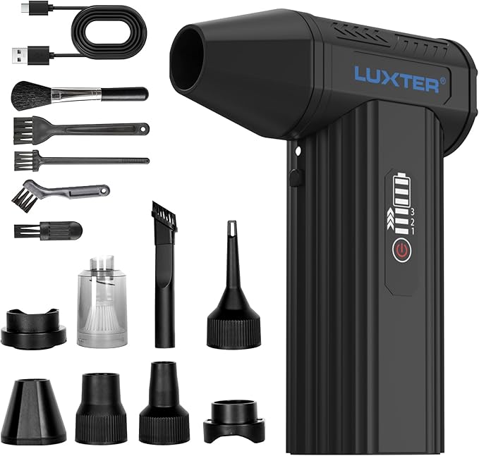 LUXTER Compressed Air Duster & Vacuum 2-in-1, 130000RPM Electric Air Duster Rechargeable, 3-Speed Settings Computer Duster with a Vacuum Accessory Kit for PC, Keyboard, Car Detailing, Outdoor