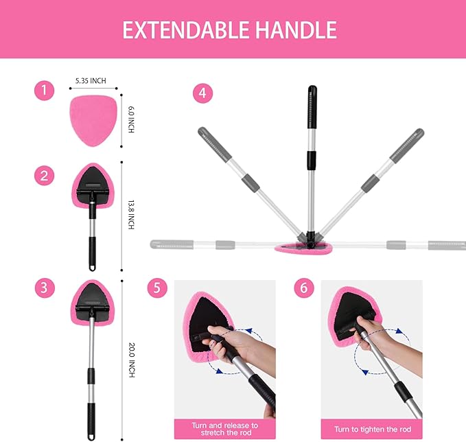 Qydipclin 10pcs Windshield Cleaner Tool, Car Window Cleaning Wash Kit with 4 Reusable Microfiber Pads 1 Spray Bottle and Extendable Handle Auto Glass Wiper Kit, Pink
