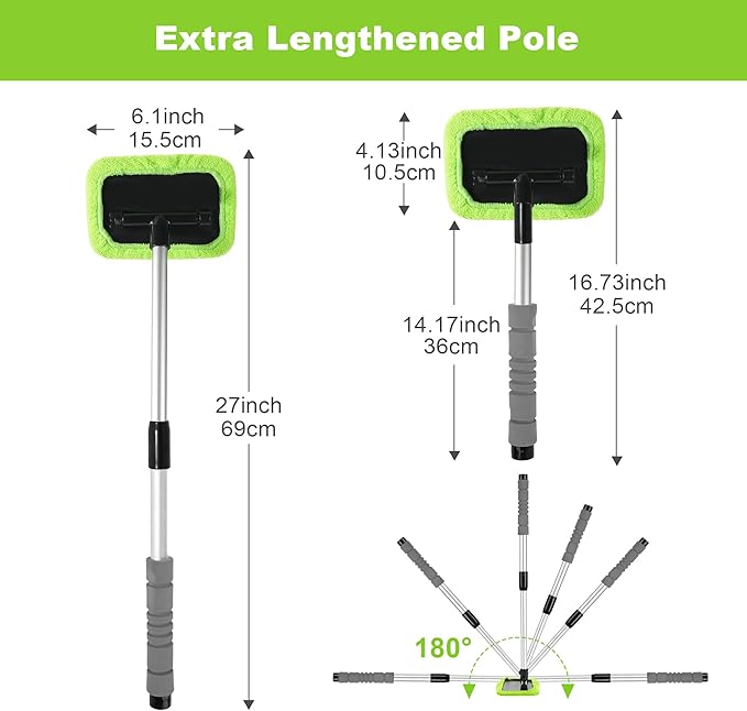 XINDELL Windshield Cleaner Tool – Car Window Cleaning Tool 27inch Extendable Long Handle for Easy Cleaning, 9pcs Reusable Microfiber Pads, Streak-Free Interior & Exterior Auto Glass Cleaner (Green)