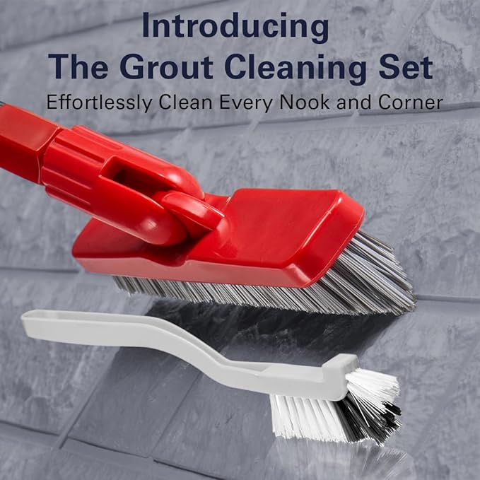 Foxtrot Living 2 in 1 Grout Brush with Long Adjustable Telescopic Handle and Handheld Stiff Bristle Scrubber, Swivel Grout Cleaner for Tile Floors, Grout Cleaning Brush for Floor Cleaning