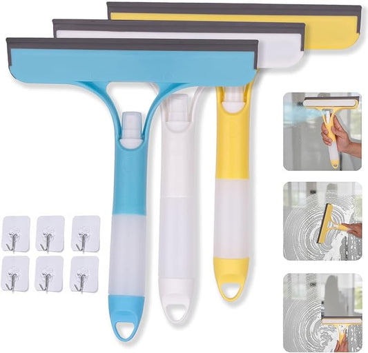 3 Pcs Squeegee for Shower Glass, 3 in 1 Window Scrubber, Spray, Sponge Wipe, Silicone Squeegee, for Car Window, Mirror, Tile Walls, with 6 Wall Hooks, Easy to Clean Kit, Yellow, Blue, White