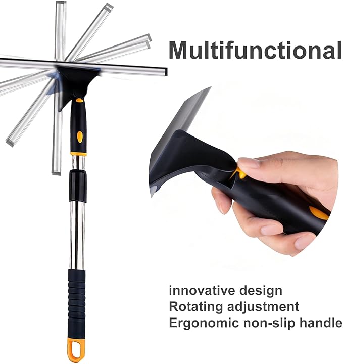 14" Window Cleaning Tool, All-Purpose Extendable Window Squeegee with 2 Blades and Stainless Steel Pole, Shower Squeegee for Glass Doors,Shower Doors, Windows, Bathroom and Car Windshields