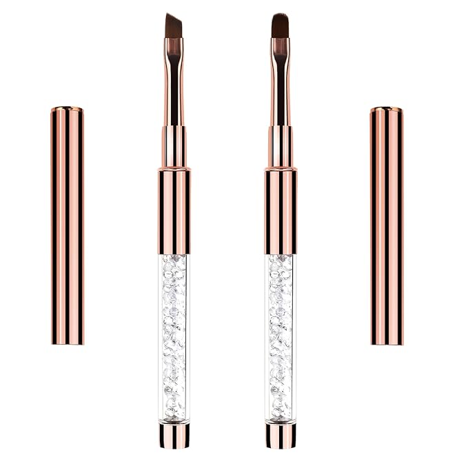 2Pcs Oval & Angled UV Gel Nail Brush Nail Art Clean Up Brush Rhinestone Handle Nails Art Design Brushes Drawing Pen Gel Brushes for Nails