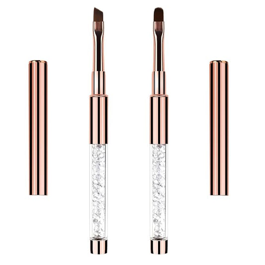 2Pcs Oval & Angled UV Gel Nail Brush Nail Art Clean Up Brush Rhinestone Handle Nails Art Design Brushes Drawing Pen Gel Brushes for Nails