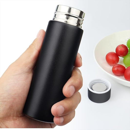 Cute Small Water Bottle, 4.4 Fl. Oz, Black Powder Coated, Mini Slim Flask for Women, Portable Skinny Purse Water Bottle, Vacuum Insulated Reusable Leak Proof Stainless Steel Cup
