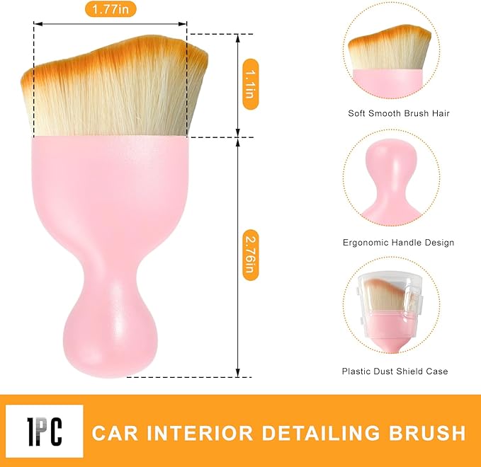 Car Interior Detailing Brush, Curved Car Interior Cleaning Brush with Ultra Soft Bristles & Dust Cover, Scratch-Free Auto Dusting Brushes for Dashboard AC Vent Leather (Pink)
