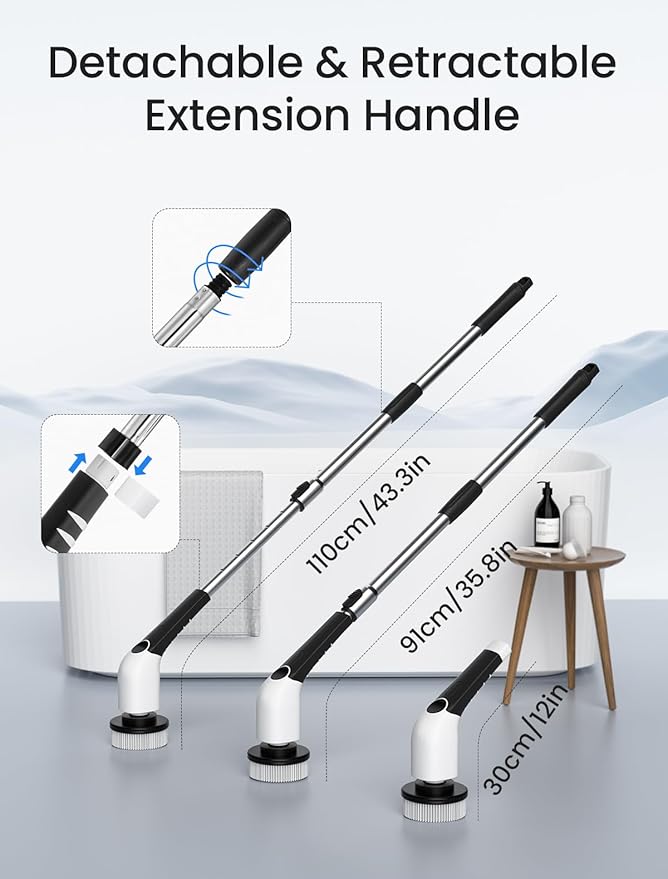 Keimi Electric Spin Scrubber, 2025 New Cordless Shower Cleaning Brush with 8 Replaceable Brush Heads, 3 Adjustable Speeds, and Adjustable Extension Handle for Bathroom Floor Tile