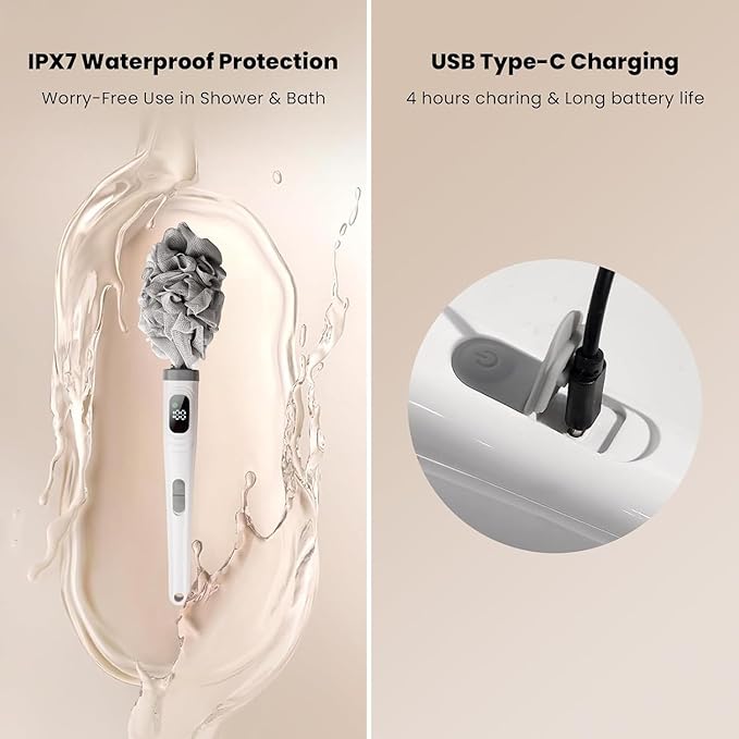 Electric Body Brush Back Scrubber for Shower, Electric Body Brush with Long Handle, Waterproof Rechargeable Bath Brush Body Scrubber with 3 Brush Heads & 2 Speeds for Cleansing and Exfoliating Skin
