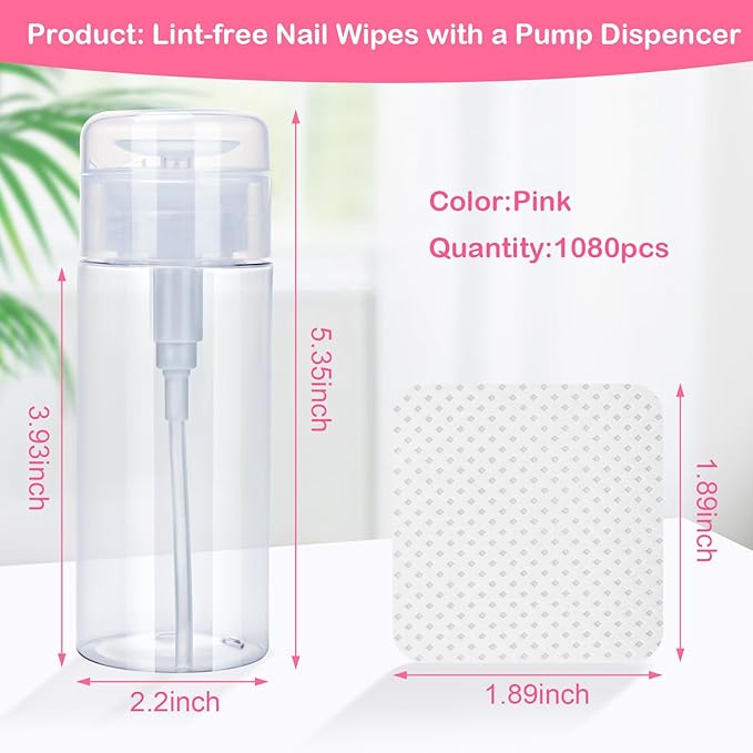 Lint Free Nail Wipes, Acetone Nail Polish Remover 1080PCS with Pump Dispenser, Gel Nail Polish Remover Pads Soft Non-Woven Nail Wipes for Nail Polish Remove and Acrylic Nail Supplies