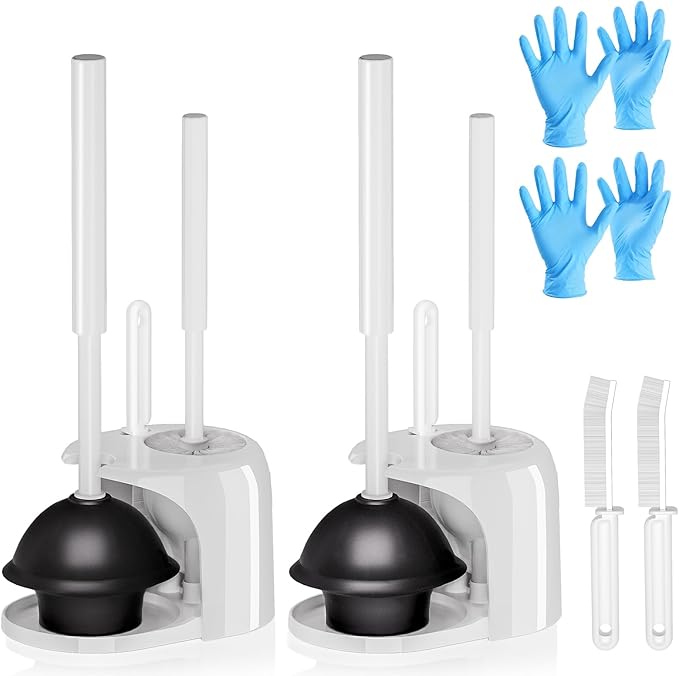 2PACK 4 in 1 Toilet Brush and Plunger Set with Crevice Cleaning Brush, Toilet Plunger and Brush Set with Extra Long Handle, Plungers for Bathroom Accessories, Toilet Plunger with Holder, White