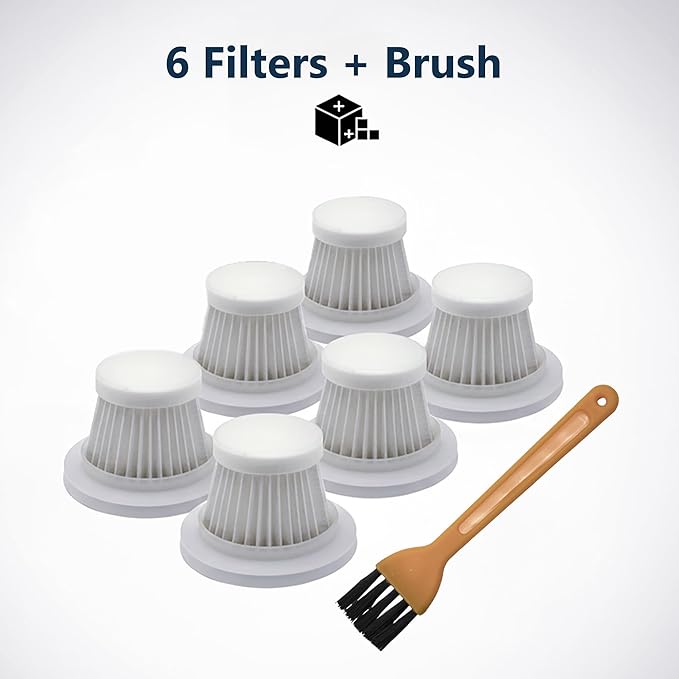 6-Pack LT-117C HEPA Vacuum Filter Replacement with Cleaning Brush, Compatible with KMM LT-117C Handheld Car Vacuum Cleaner, White, 2.08 x 1.45 Inches