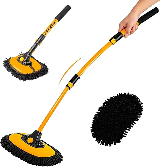 WillingHeart 15° Curved Car Wash Brush with Long Handle 43" Extension Pole RV Truck Microfiber Cleaning Mop Auto SUV Whe
