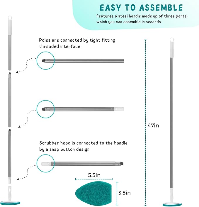 Shower Scrubber with Long Handle, 47'' Bathtub Scrub Brush, Bathroom Tub and Tile Cleaning Tool with 6 Refill Pads