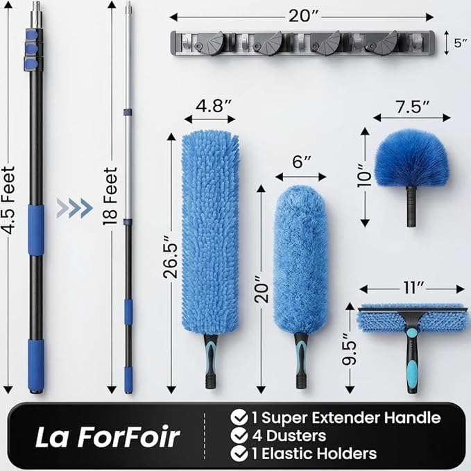 25ft High Ceiling Duster Kits with 5-18ft Heavy Duty Extension Pole - Fan Blade Cleaner, Cobweb Remover & Blue Window Squeegee Kit, Washable Dust Brush for High Roof and Glass Surfaces