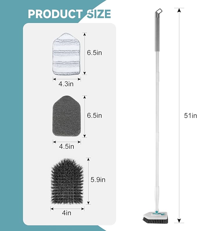 nacena Shower Scrubber with Long Handle, 3 in 1 Tile Tub Scrubber Brush with 3 Detachable Cleaning Heads Adjustable Handle Shower Cleaner Brush for Bathroom, Kitchen, Toilet, Wall, Sink, Blue White