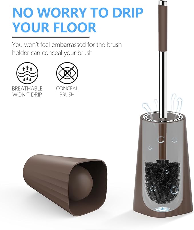 SetSail Toilet Brush, Compact Size Toilet Bowl Brush and Holder Toilet Brushes for Bathroom with Stainless Steel Handle Toilet Cleaner Brush with Durable Scrubbing Bristles, 2 Packs, Brown