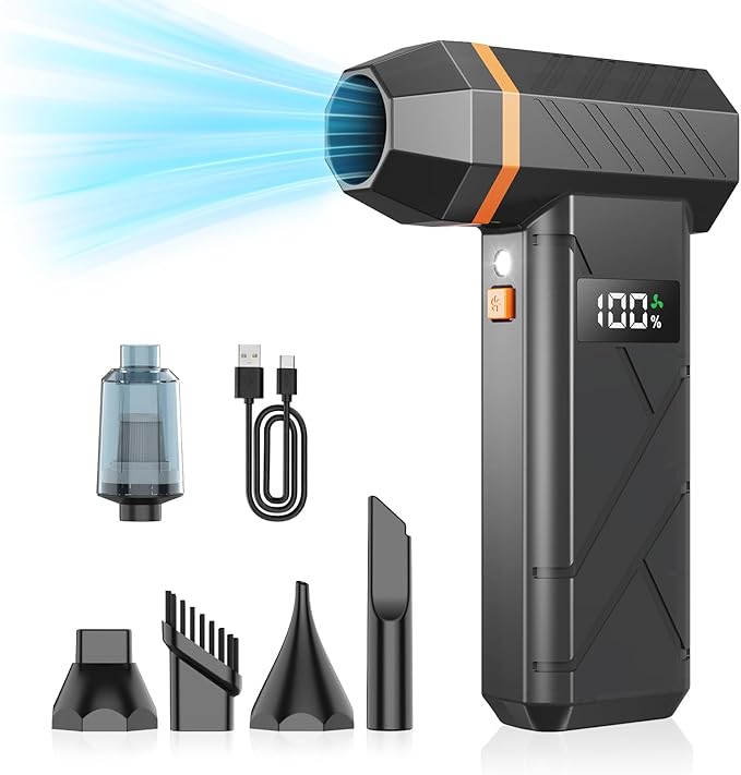 Dzaki Compressed Air Duster & Vacuum 2-in-1, 140000RPM Electric Air Duster, 4-Gear Adjustable Rechargeable Cordless Mini Dust Blower with LED Light Fast Charging for Keyboard PC Car Home Outdoor