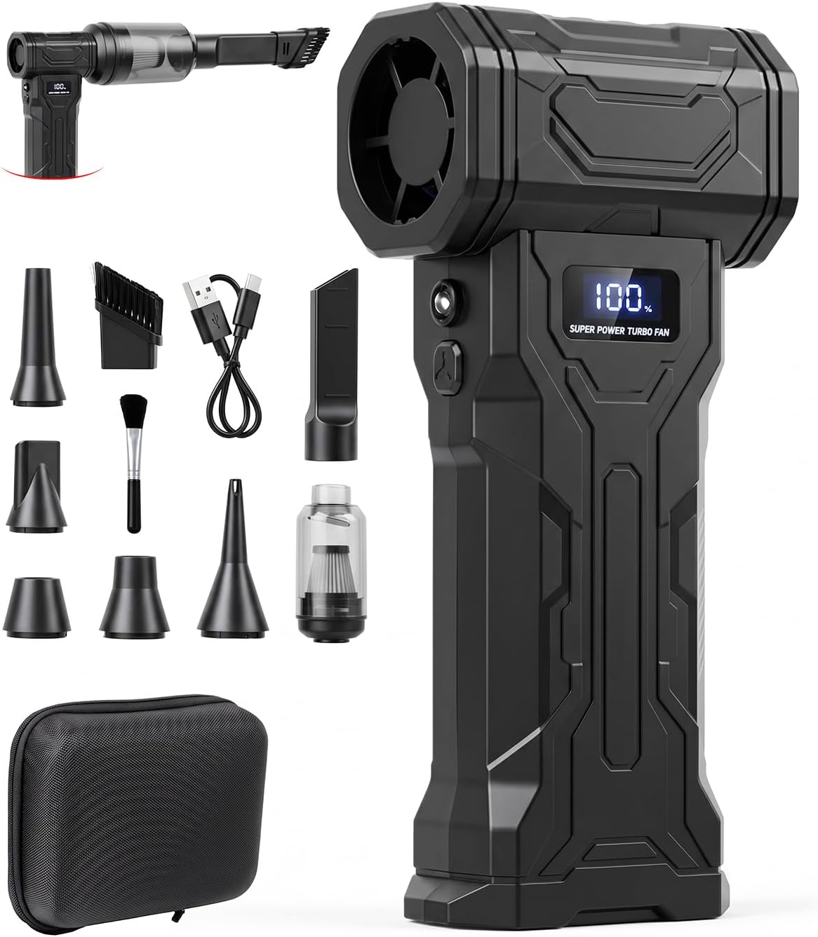 Compressed Air Duster, 2-in-1 Blow & Vacuum, 110,000 RPM Electric Air Duster with 7 Nozzles, Rechargeable Air Blower with LED Light for PC, Keyboard, Electronics, Car Cleaning, USB-C