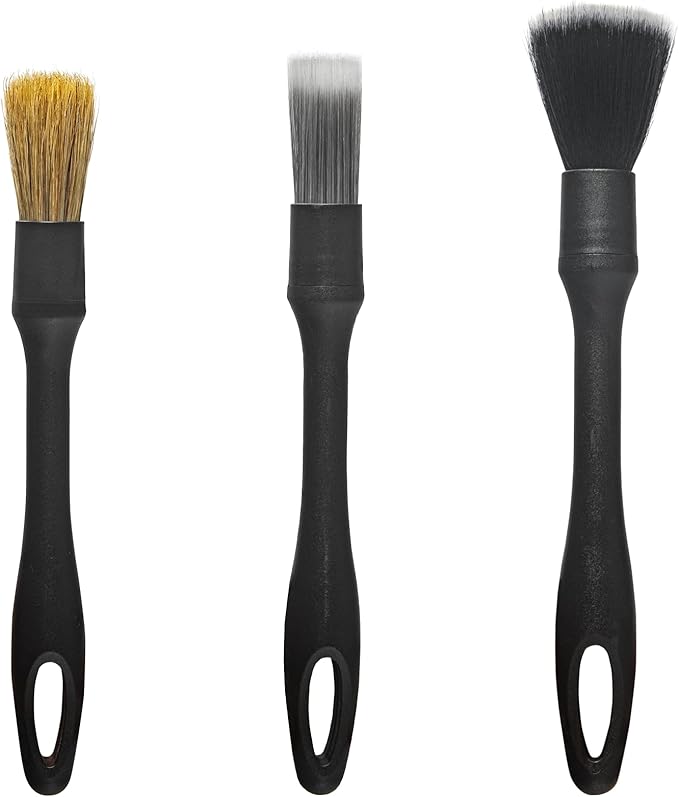 Detailing Brush Set, 3Pack Car Detailing Brushes for Dashboard Engine Bay Air Vents Leather Seat Wheel Vehicle Motorcycle Boars Hair Interior Detail Brush with Conversion Elbow, Black