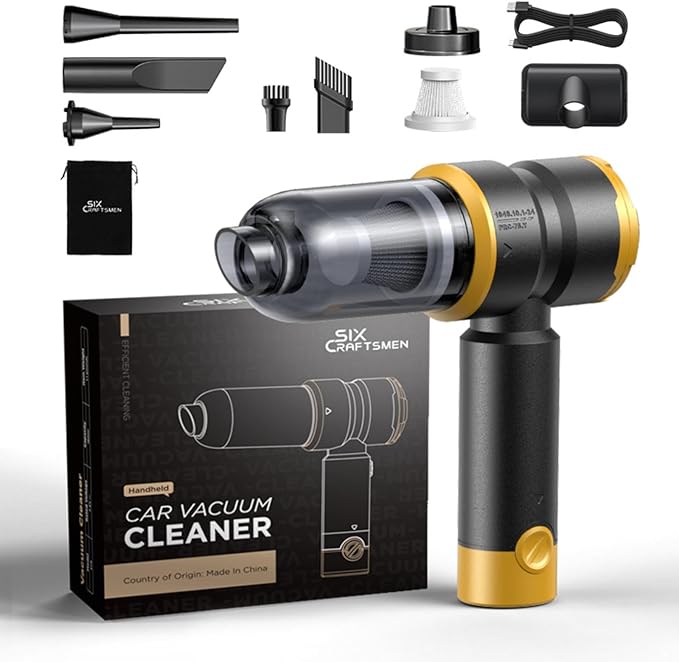 Handheld Car Vacuum Cleaner, 4-in-1 Cordless Rechargeable Mini Vacuum with Air Duster – Quickly Clean Crumbs, Pet Hair & Crevices in Car, Office, Home. Ideal for Commuters & Office Workers (Gold)