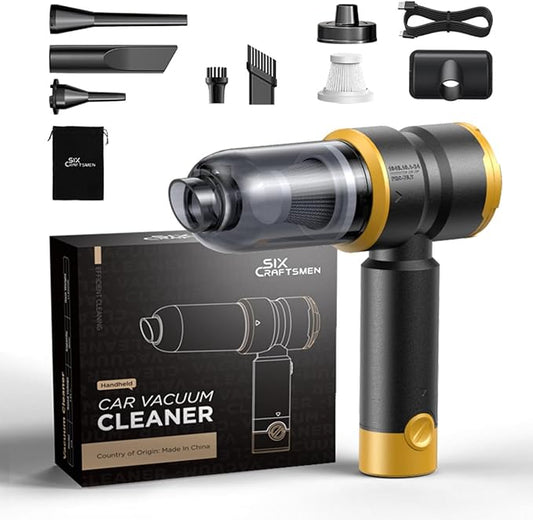 Handheld Car Vacuum Cleaner, 4-in-1 Cordless Rechargeable Mini Vacuum with Air Duster – Quickly Clean Crumbs, Pet Hair & Crevices in Car, Office, Home. Ideal for Commuters & Office Workers (Gold)