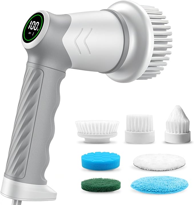 DAESUNG Electric Spin Scrubber, New Electric Bathroom Brush with 7 Replaceable Heads, Power Scrubber with LED Display, Electric Scrubbers for Cleaning Shower, Tile, Grout, Sink