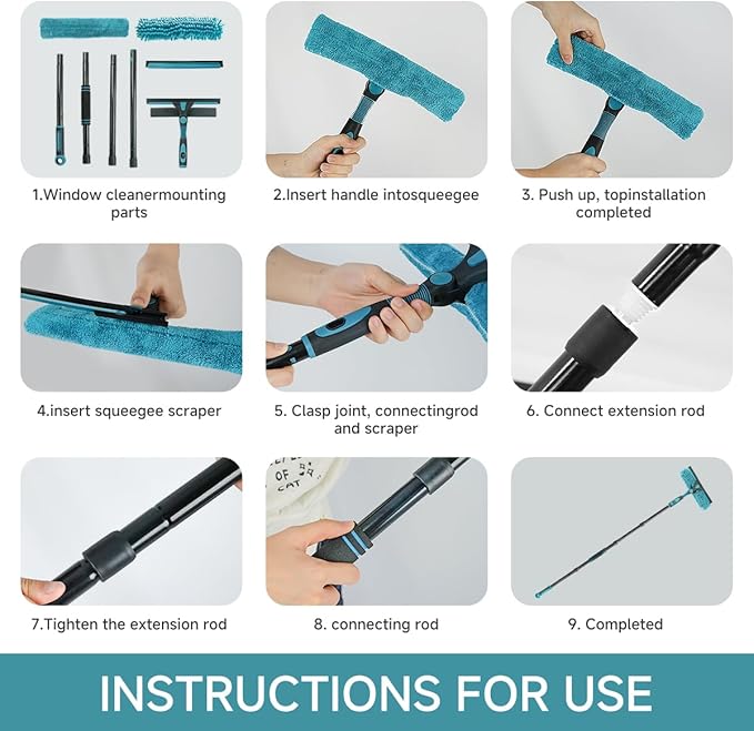 62" Window Squeegee, 2 in 1 Window Cleaning Tool with Telescopic Pole, Rotatable and Bendable Head for High Windows Indoor Outdoor, Includes 2 Blades & 2 Pads (Microfiber+Pads)