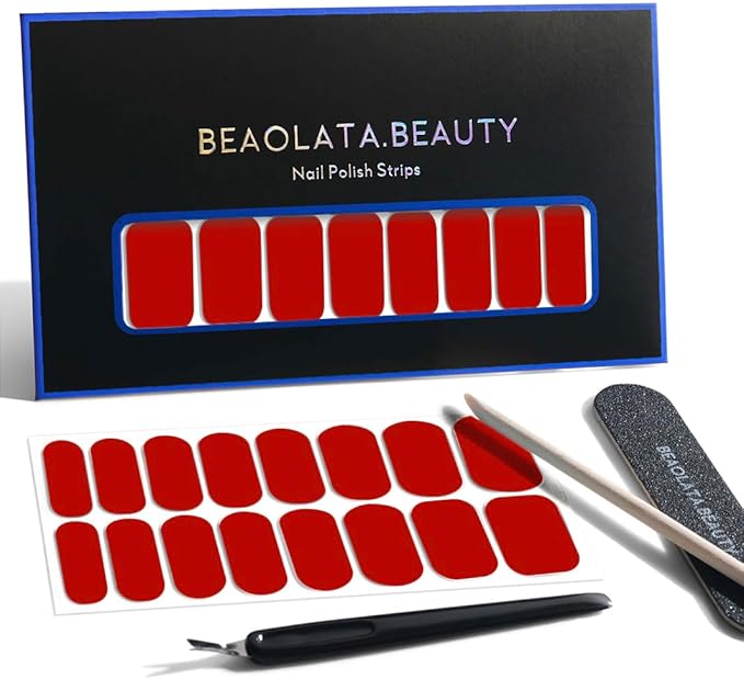 Nail Polish Strips, 32PCS Salon Quality Wraps, Long Lasting Gel Nail Stickers for Women Easy Apply& Remove (True Scarlet)