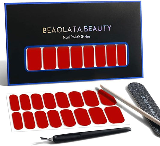 Nail Polish Strips, 32PCS Salon Quality Wraps, Long Lasting Gel Nail Stickers for Women Easy Apply& Remove (True Scarlet)