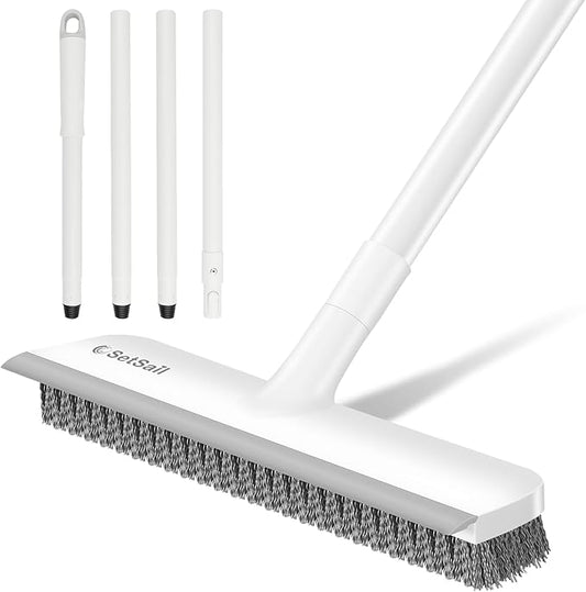 SetSail Floor Scrub Brush, Scrub Brush with 48-Inch Long Adjustable Handle 2 in 1 Scraper Brush Stiff Bristle Floor Scrubber for Cleaning Bathroom Shower Kitchen Garage Deck Tile Tub, White