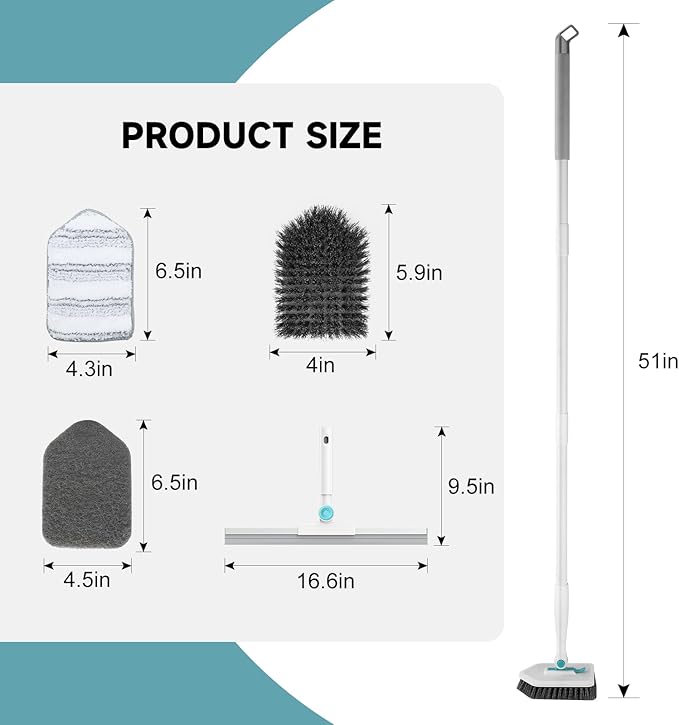 nacena Shower Scrubber with Long Handle, 4 in 1 Tile Tub Scrubber Brush with 3 Detachable Cleaning Shower Heads and Floor Squeegee Shower Cleaner Brush for Bathroom Kitchen Tub Sink Floor, Blue White
