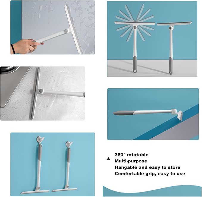 Shower Squeegee & Cleaning Brush Sets,All Purpose Squeegee for Shower Door, Mirror, Glass,Window Cleaner Tool,Streak Free Shower Squeegee,(11'’ Wide 360° Rotating Squeegee + 5'' Brush)