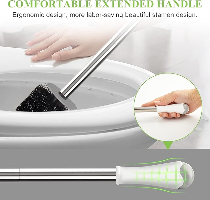 AONEZ Compact Toilet Brush & Holder, Stainless Steel Handle, Space Saving for Storage, Deep Cleaning, Drip-Proof, Easy to Assemble, Nylon Bristles, White & Grey