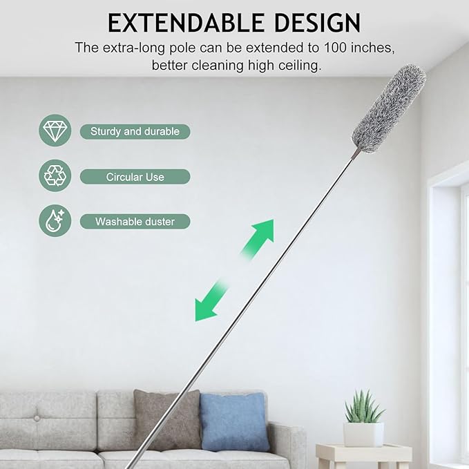 SetSail Extra-Long Dusters with Extension Pole 100-inch for Cleaning, Bendable Microfiber Head Washable Ceiling Fan Duster for High Ceilings, Furniture