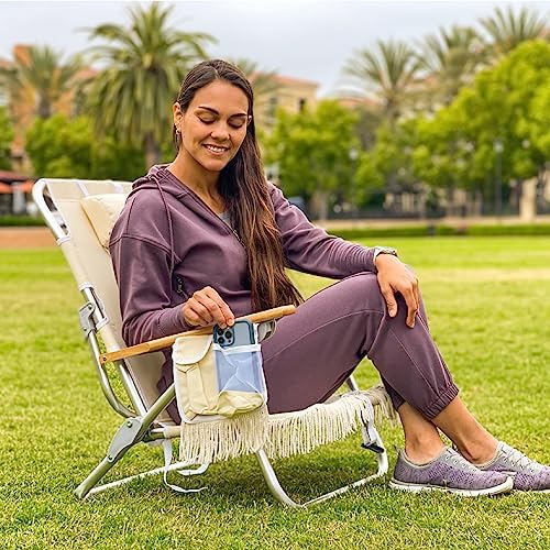EasyGo Product Tassel Backpack Beach Chair 5 Positions and Cup Holder Pouch on Side-Padded Pillow-Storage Bag on Back – Lightweight Rustproof Aluminum – Black Frame, 2 Pack TAN