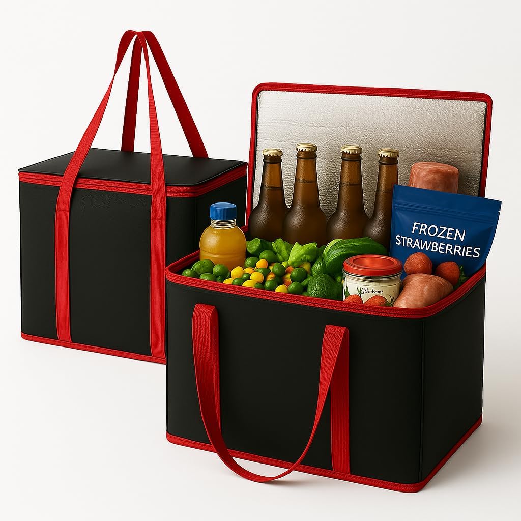 2Pk Trunk Organizer for Car Insulated Reusable Grocery Bags, Collapsible Cooler Bag for Groceries, Heavy Duty Large Insulated Bag (Large, Charcoal Black)