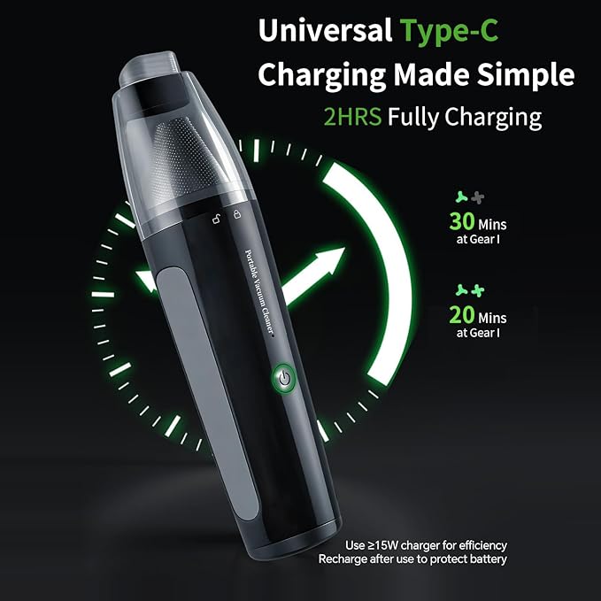 Car Vacuum, Handheld Vacuum Cordless 22000Pa Suction with 2 Suction Modes, 2-in-1 Portable Mini Car Vacuum Cleaner Cordless Vacuum Rechargeable Type-C Charge for Car, Office Desk, Keyboards（Black)