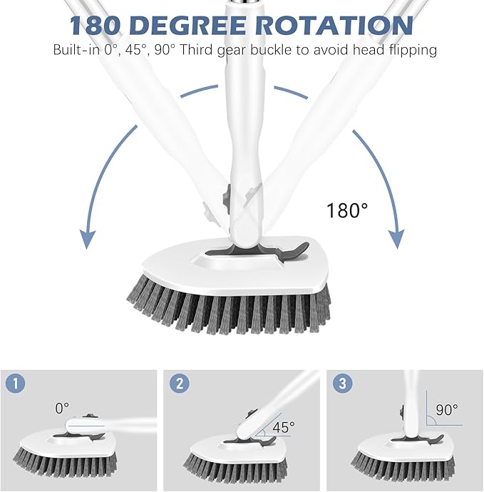 SetSail Floor Scrub Brush, 3-in-1 Tile Tub Floor Scrubber with 52-inch Adjustable Long Handle Shower Cleaner Brush and 4 Detachable Replacement Brush Heads for Cleaning Bathroom Tub Tile, White Grey