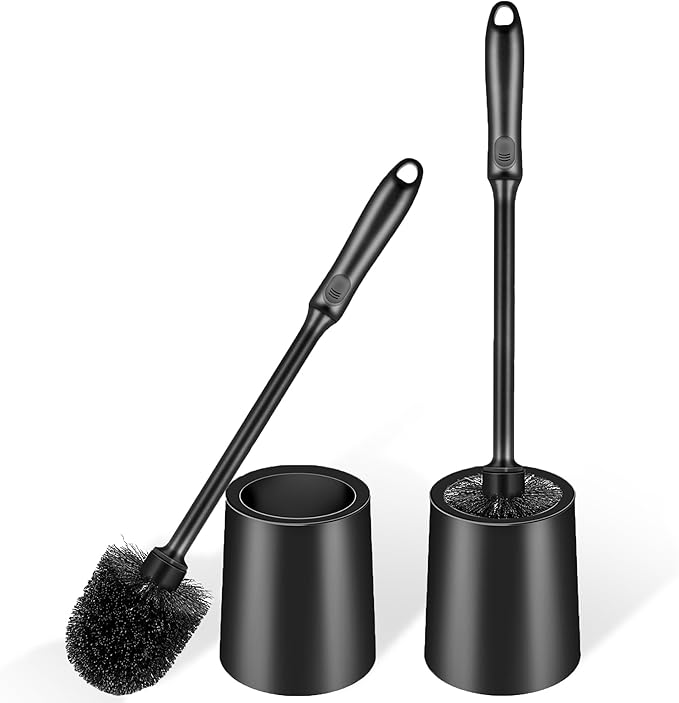 AONEZ Toilet Brush and Holder Set, 2 Pack Long-Handle Toilet Brush, Non-Slip Grip, Nylon Bristles, Deep Cleaning for Bathroom, Toilet Scrubber- Black