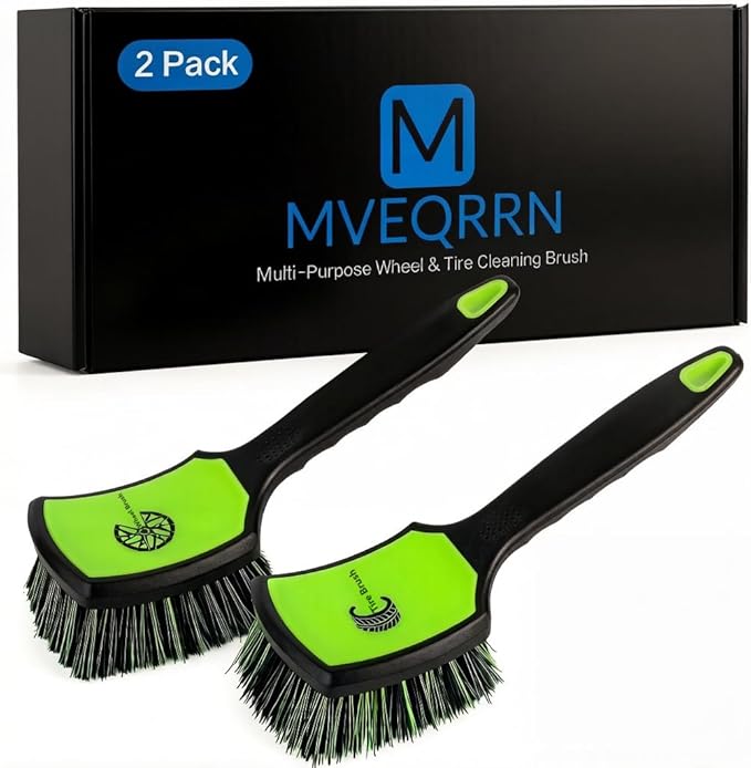 MVEQRRN 2-Pack Car Wheel Tire Detailing Brush Set:Wheel Cleaner Brush with Soft Bristles,Stiff Bristle Cleaning Brush with Rubber Handle for Deep Clean Car Tire Rims, Fenders or Carpet(Black Green)