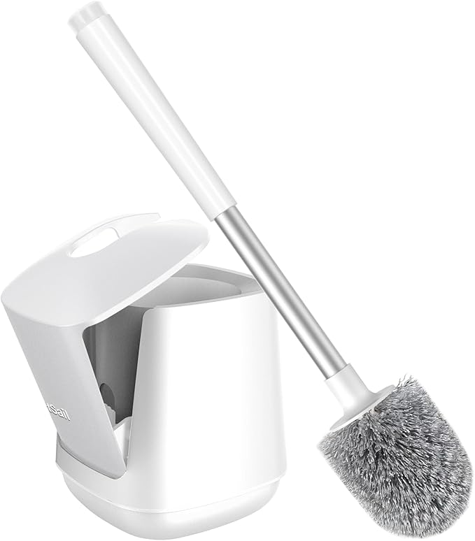 SetSail Toilet Brush 2 Pack, Self Closing Lid Toilet Bowl Brushes Holder and Extra Long Handle Ventilated Toilet Brush Set for Bathroom Cleaning, Nylon Bristles, Pure White