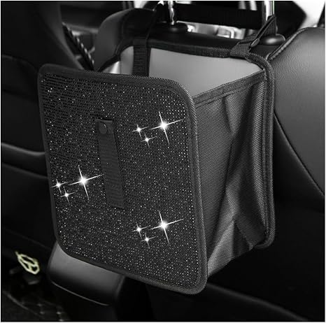 Car Trash Can, Bling Rhinestone Crystal Waterproof Hanging Garbage Bag for Car Interior, Oxford Leakproof Foldable Waste