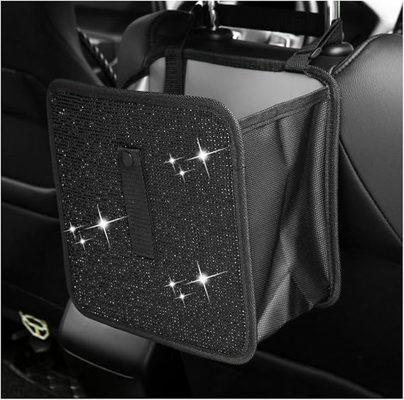 Car Trash Can, Bling Rhinestone Crystal Waterproof Hanging Garbage Bag for Car Interior, Oxford Leakproof Foldable Waste