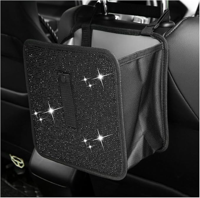 Car Trash Can, Bling Rhinestone Crystal Waterproof Hanging Garbage Bag for Car Interior, Oxford Leakproof Foldable Waste