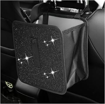 Car Trash Can, Bling Rhinestone Crystal Waterproof Hanging Garbage Bag for Car Interior, Oxford Leakproof Foldable Waste