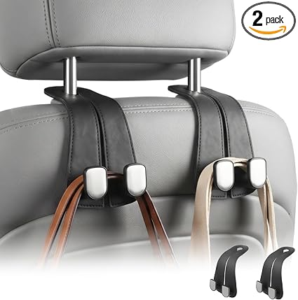 2 Pack Car Purse Hooks, Leather Car Headrest Hooks for Purses & Bags(Black)