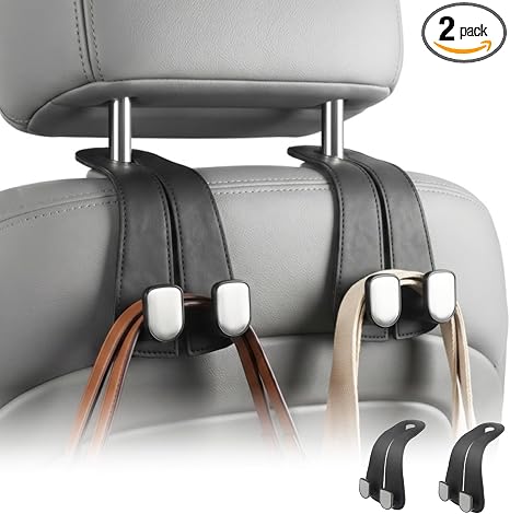 2 Pack Car Purse Hooks, Leather Car Headrest Hooks for Purses & Bags(Black)