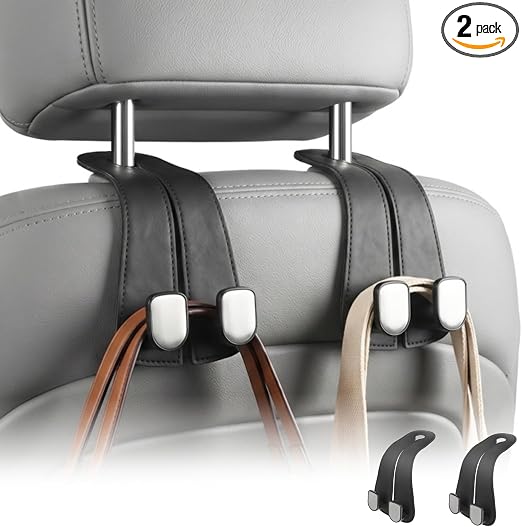 2 Pack Car Purse Hooks, Leather Car Headrest Hooks for Purses & Bags(Black)