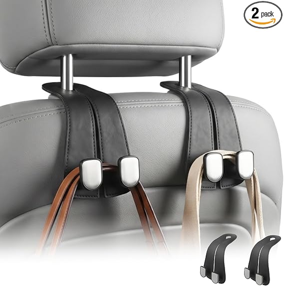 2 Pack Car Purse Hooks, Leather Car Headrest Hooks for Purses & Bags(Black)