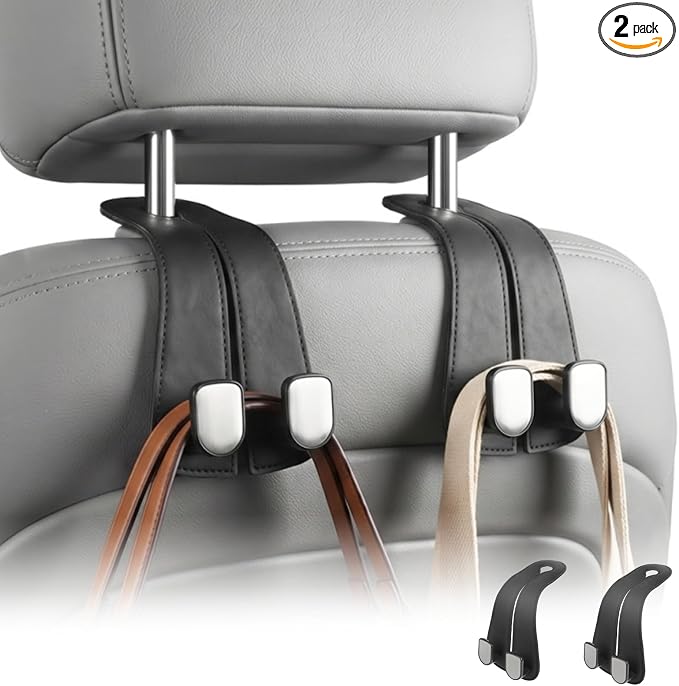 2 Pack Car Purse Hooks, Leather Car Headrest Hooks for Purses & Bags(Black)
